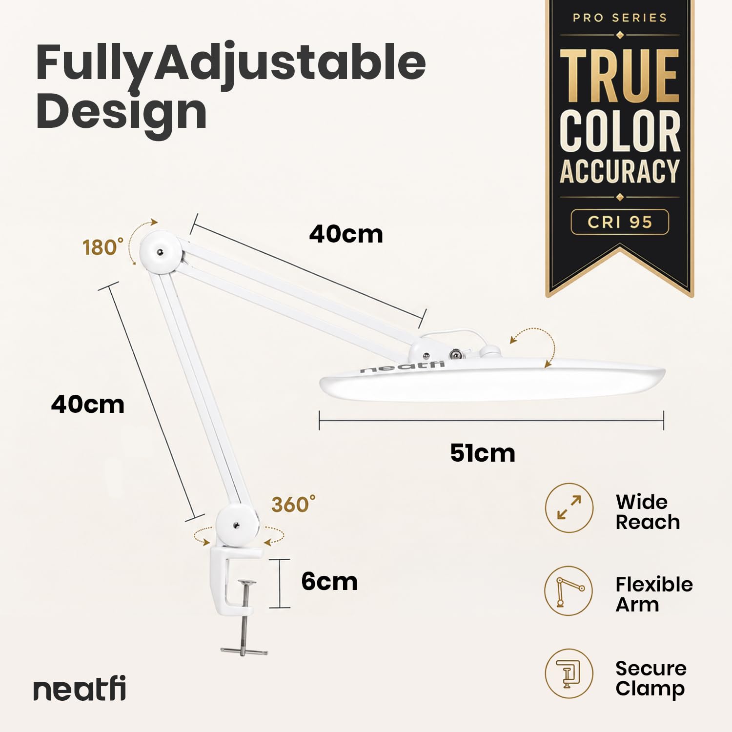 Neatfi Pro Series lampa biurkowa LED – wierne odwzorowanie barw (CRI 95) | 2200 lumenów, 24W | Profesjonalne oświetlenie dla artystów, rękodzielników oraz do domu i biura (Biały, Bez CCT z zaciskiem)