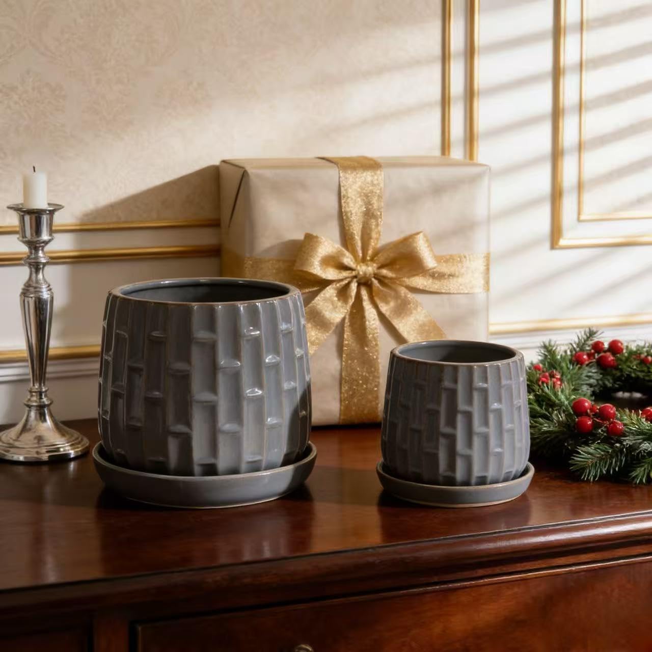 Decorative Ceramic Planter Set of 2, 6" & 8" Diameter, Modern Flower Pots for Indoor Plants, w/Drainage and Saucer, Ceramic Pots for Garden & Home Decor, Gray