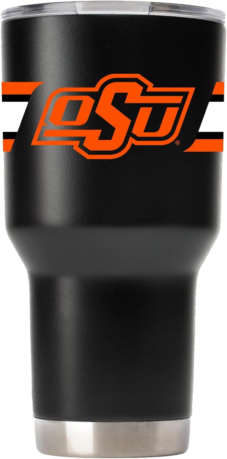 Gametime Sidekicks Oklahoma State 30oz Black Tumbler - Officially Licensed, 18/8 Stainless Steel, Double-walled, Vacuum-insulated, UV LED Printed Logos, Sweatless, Stays Hot/Cold - 360 Wrap