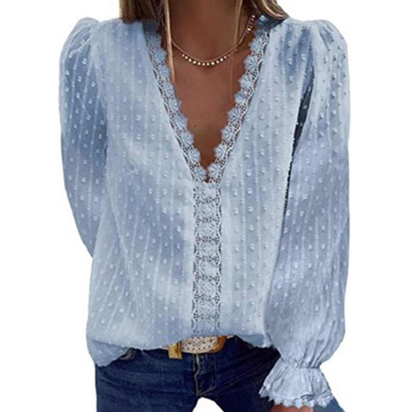 Ejoyous Camicetta di Chiffon con Scollo a V da Donna Estate Casual Swiss DOT Tops Pizzo Stiching Manica Lunga Tinta Unita Magliette Larghe Tunica Camicette Camicette(XL-Blu)