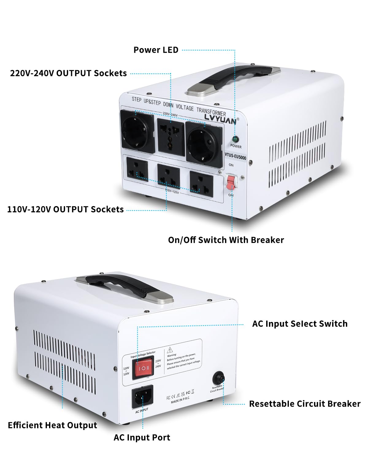LVYUAN Trasformatore di tensione da 5000 W, convertitore di potenza Step Up da 110 V a 220 V, Step Down da 220 V a 110 V, 110/120 Volt - 220/240 Volt