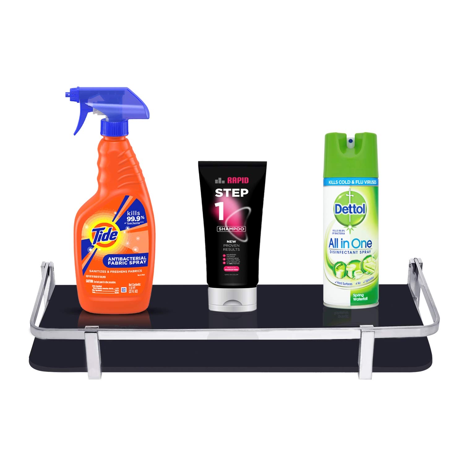 Evolite Premium Tempered Black Glass Shelf for Bathroom Corner Kitchen and Wall Mount Storage 100% Pure Brass Accessories with Fitted Brackets for Home Decor - 5mm Black Toughened Glass (5x12 inch)(Pack of 3)