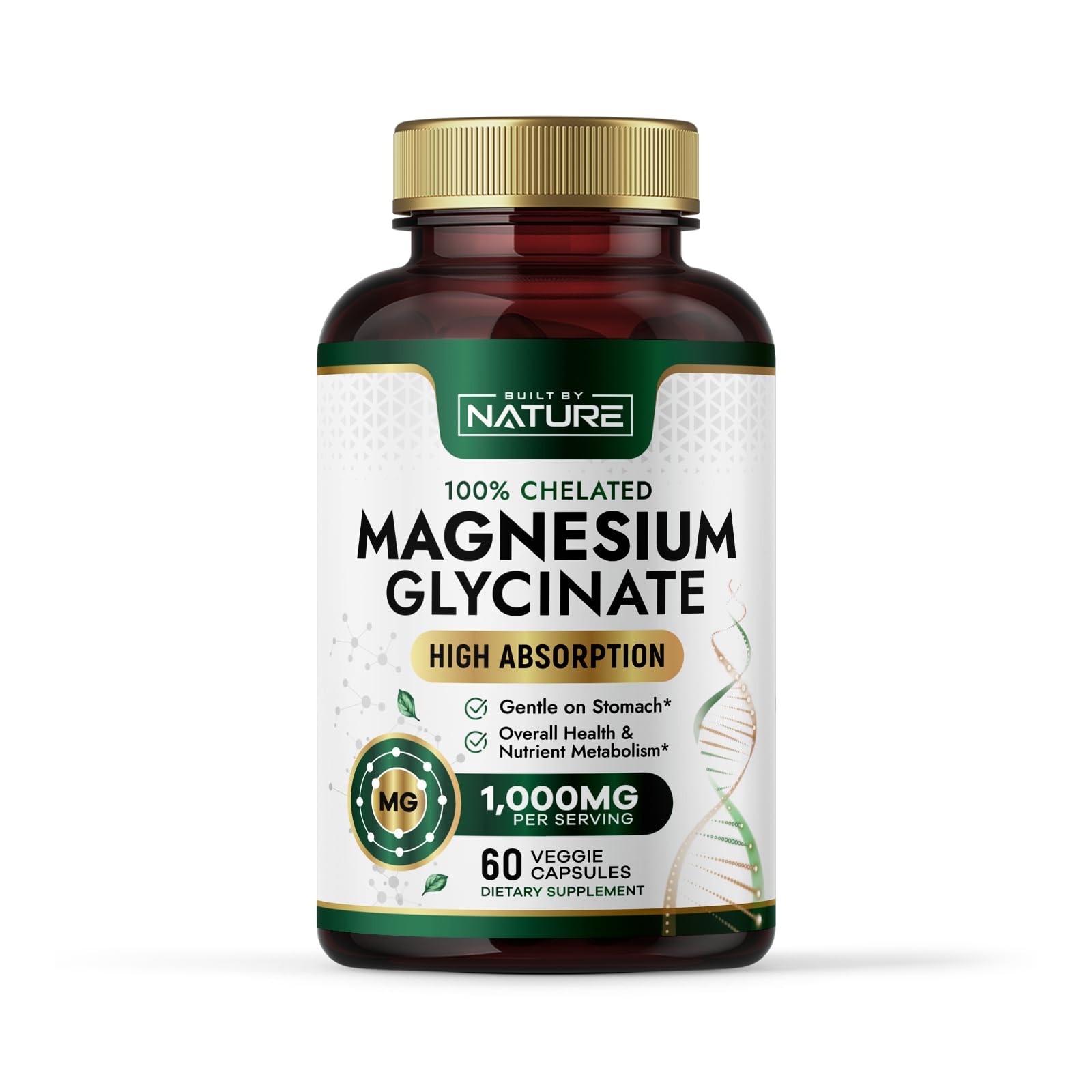 Built By Nature Magnesium Glycinate 1000mg – High Absorption Magnesium Supplement – 100% Chelated, Gentle on Stomach - Muscle, Heart, Bone & Relaxation Support - Non-GMO, Vegan - 60 Capsules 60 Count (Pack of 1)