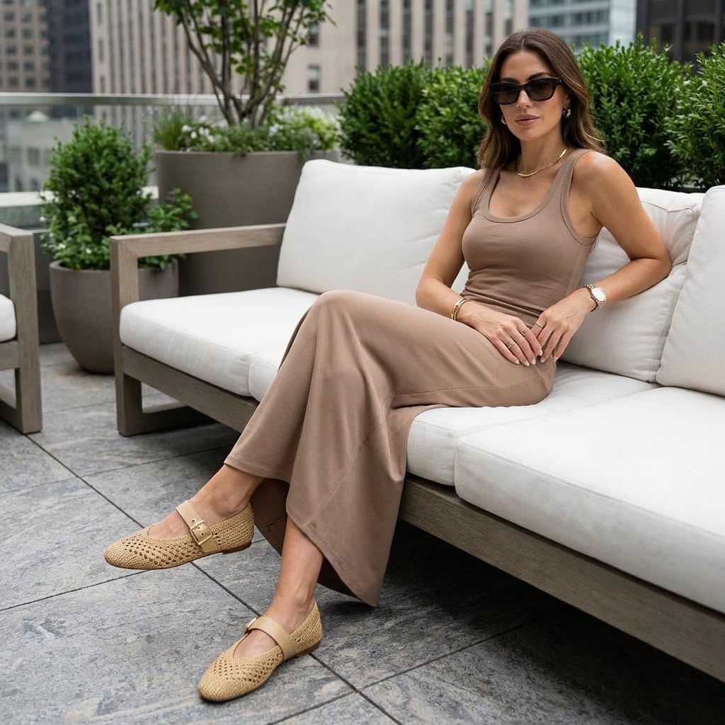 CUSHIONAIRE Gabby Woven Mary Jane Ballet Flats for Women, Comfortable Dressy Flat Shoes with Adjustable Gold-Tone Buckle and Memory Foam Cushioning