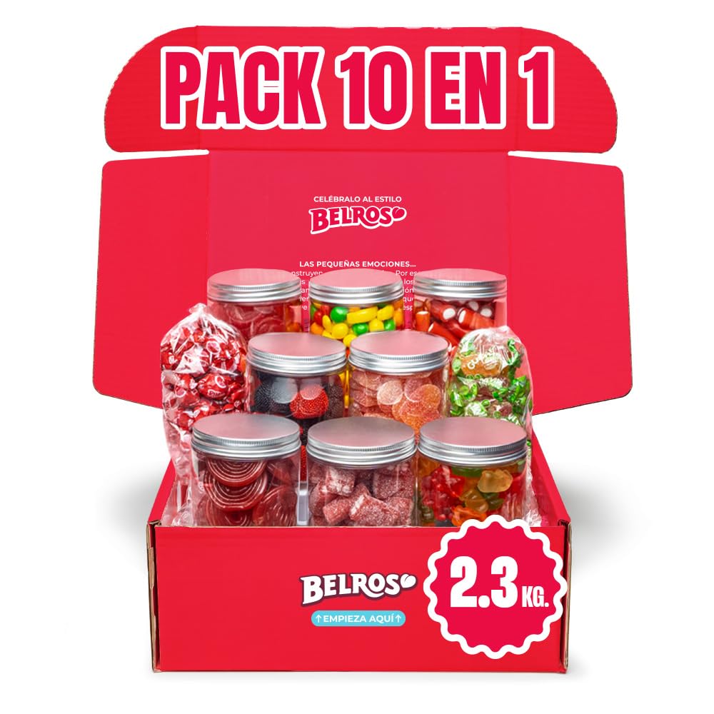 BELROS Mega Pack 2,3 kg de Caramelos y Gominolas. Regalos, Celebraciones, Cumpleaños, Especial Parejas, Dia de la Madre, Dia del Padre. Golosinas en botes. Cesta de dulces y Chuches. Caja Regalo