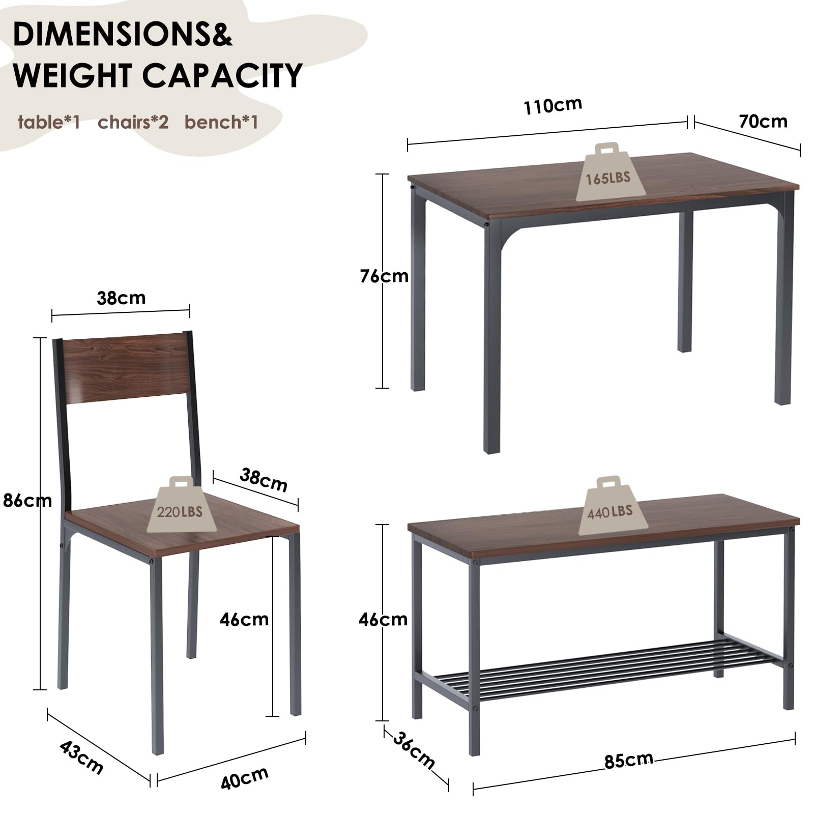 SogesHome Ensemble de Salle à Manger 4 Pièces - Table avec 2 Chaises et Banc avec Étagère - Meubles en Bois et Métal pour Cuisine et Salle à Manger - Table 110 x 70 cm