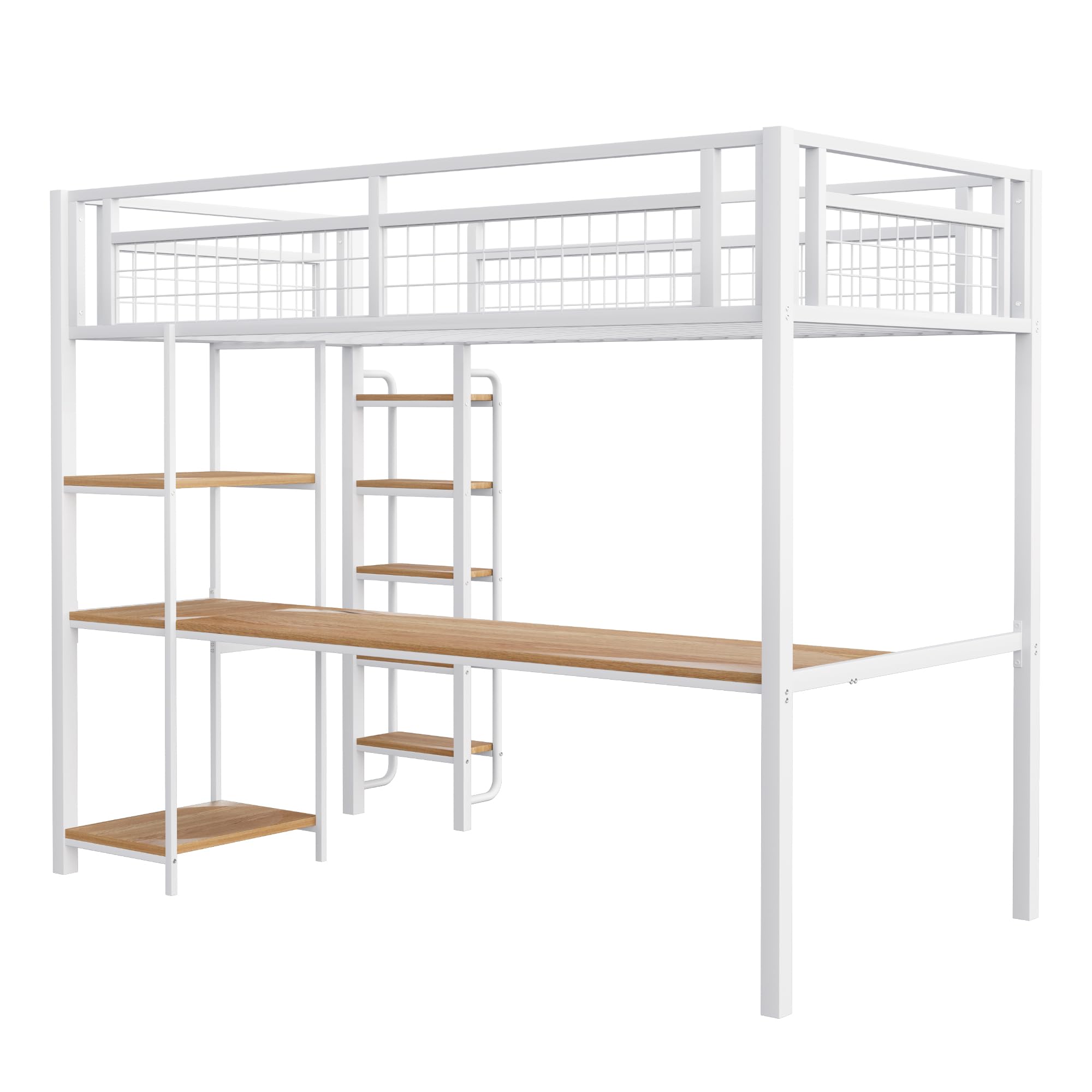 Azkoeesy Cama alta de metal con escritorio, estantería, escalera de 90 x 200 cm, litera, cama juvenil, para adultos y adolescentes, color blanco