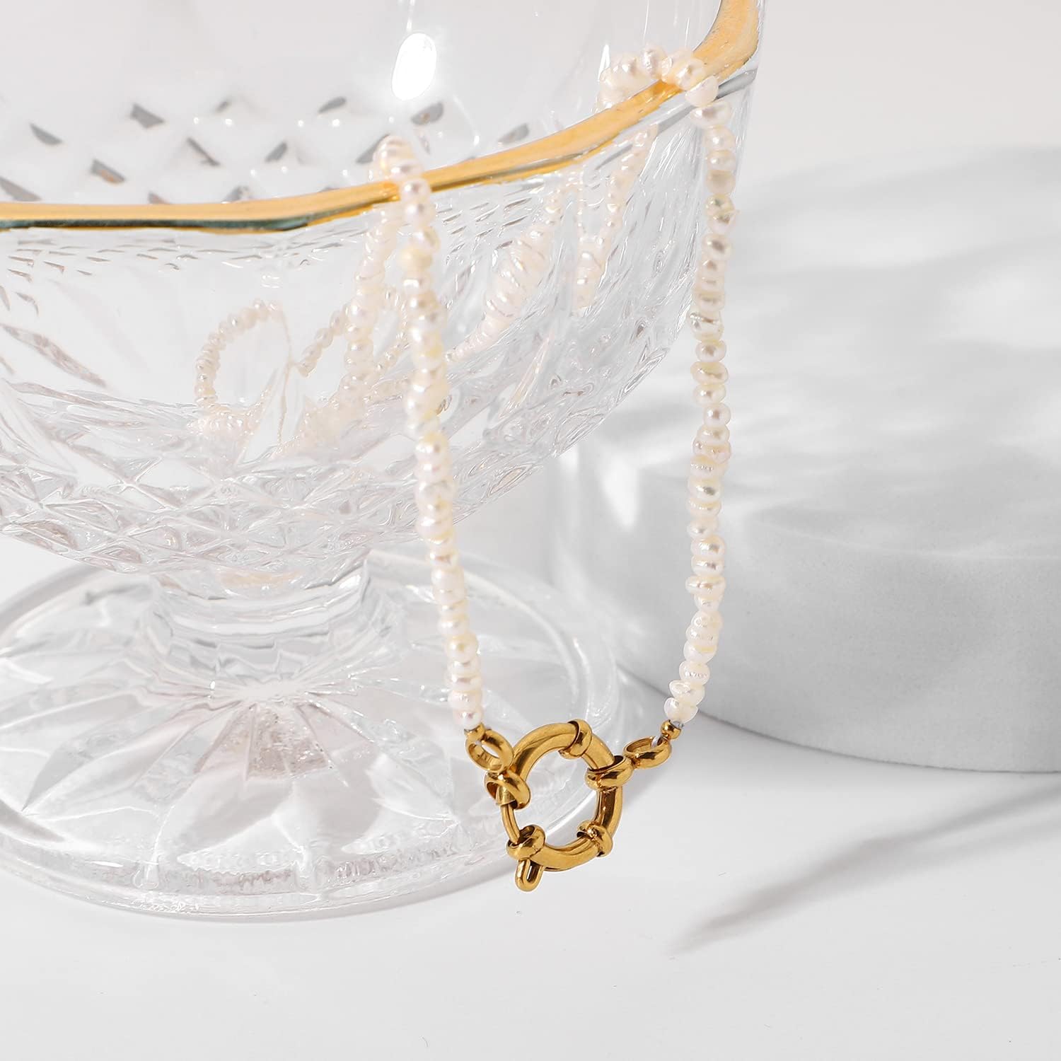 14K Gold over S925 Sterling Silver Pearl Clavicle Necklace, OT Buckle Freshwater Pearl Beaded Necklace, Beautiful Women's Day, Birthday Gift for Wife,Girlfriend