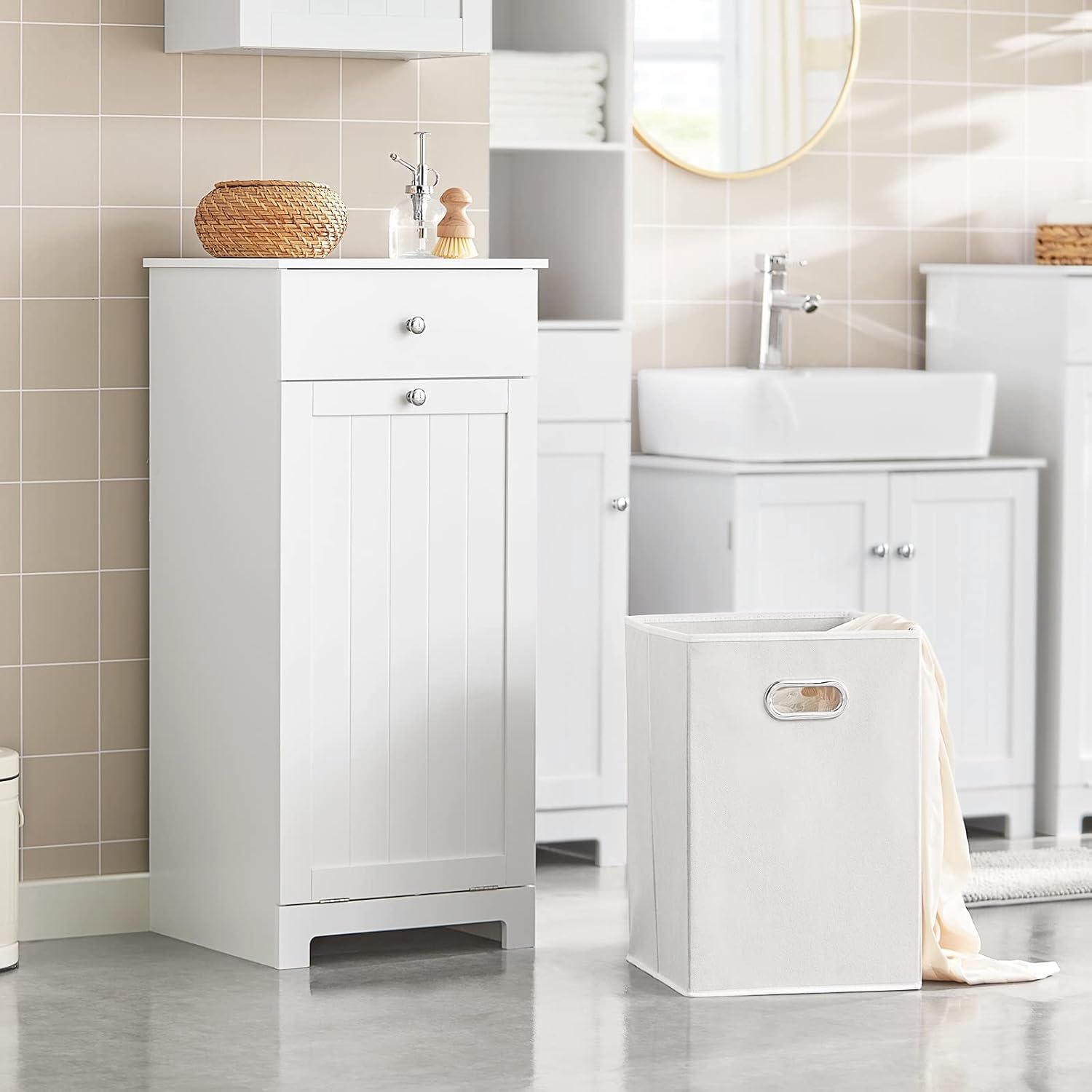 Wäscheschrank Wäschetruhe Badezimmer Aufbewahrungsschrank Mit Wäschekorb Weiß, White