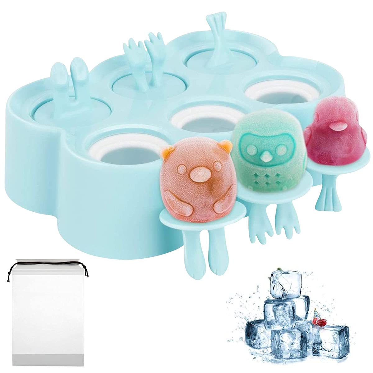 Mini Animal Cartoon Popsicle Molds, 6 Pieces BPA Free Popsicle Maker Reusable Ice Pop Molds With Sticks, Easy Release & Clean,Ice Cream Molds for Lollipop, Animal Style Baby Food (Blue)