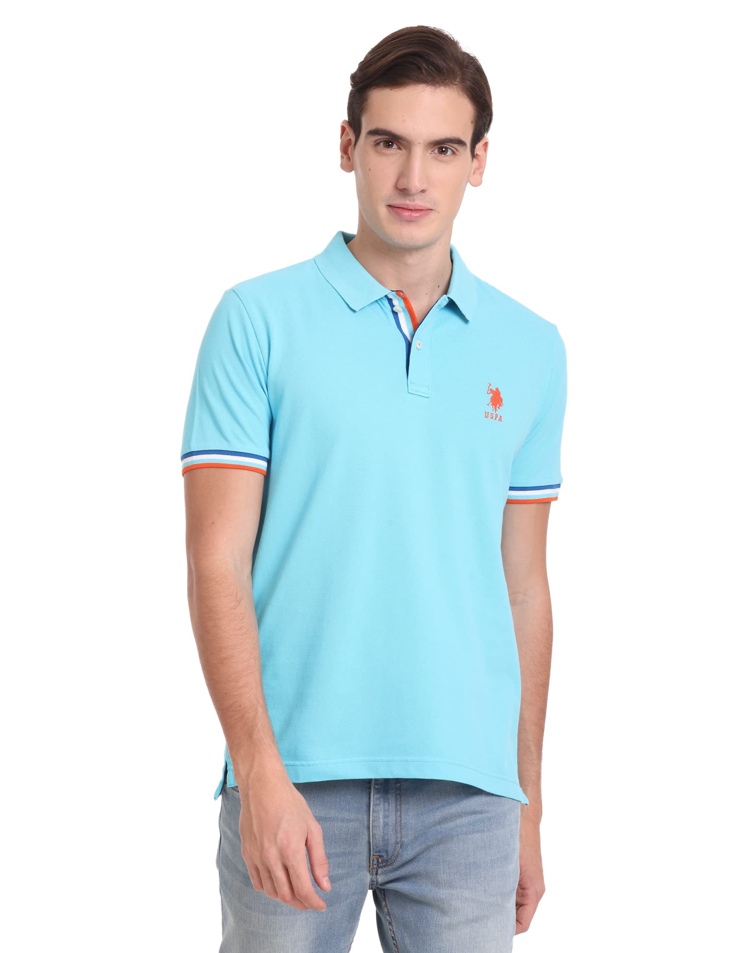 U.S. POLO ASSN.Men Striped Sleeve Hem Solid Slim Fit Polo Shirt