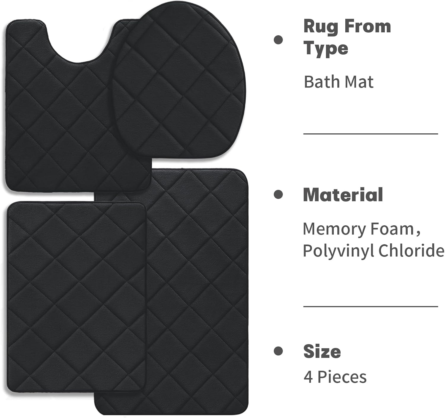 YIHOUSE Black Bath Rug Set, 4 Piece Non Slip Memory Foam, Machine Washable, Water Absorbent for Tub, Toilet and Floor