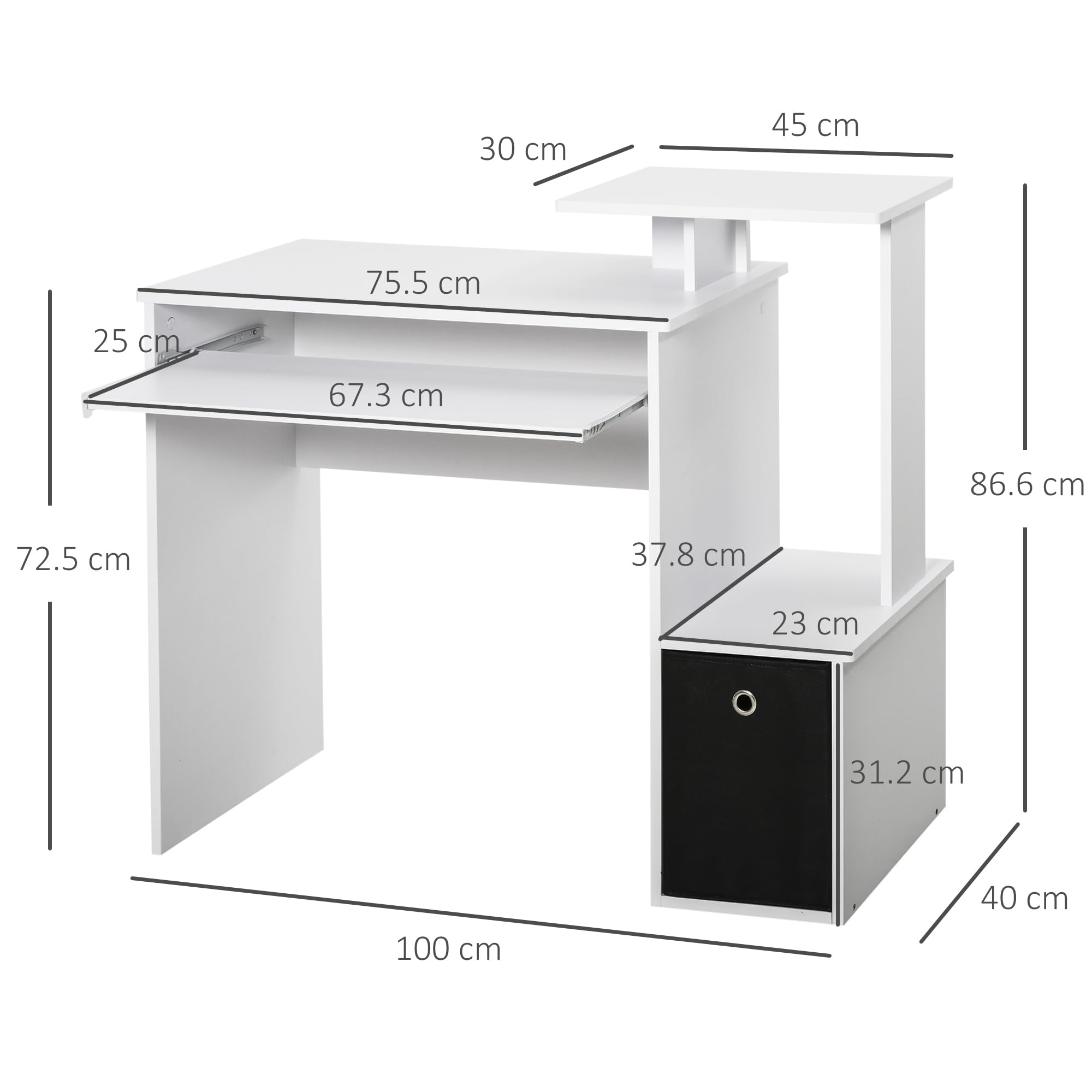 HOMCOM Scrivania Moderna Porta PC con Ripiano 100x40x86.6cm Bianco e Nero | Scrivania per Computer, Mensola Porta Tastiera, Cassetto in Tessuto