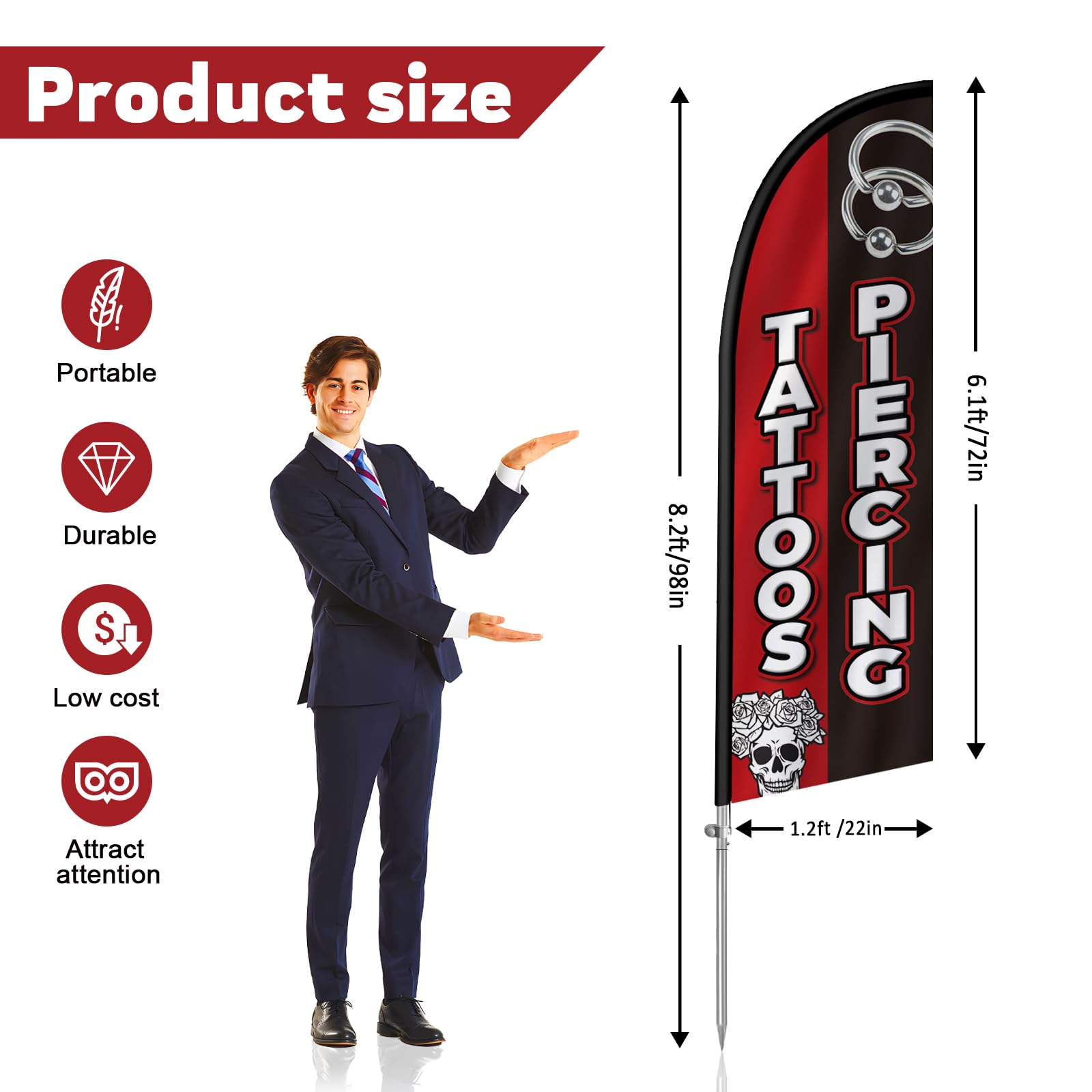 Tatuaże piercing flaga z piórami z masztem ze stali nierdzewnej, flaga reklamowa z kolcami, odpowiednia dla firm i witryn sklepowych, 1 zestaw