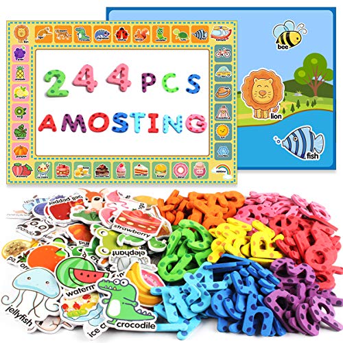 AMOSTING Alphabet Magnets Toddler Toys Educational Magnetic Letters 244Pcs Refrigerator Magnet for Preschool Learning Numbers Farm Animal Spelling ABC for Kids with Board