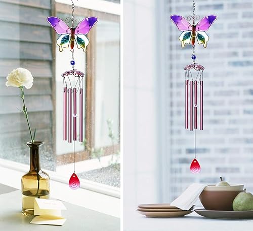 Miniatura 5 de Evealyn Campanillas de viento de mariposa para exteriores, para interiores con vitrales, música de metal, hermosas campanillas de viento para el