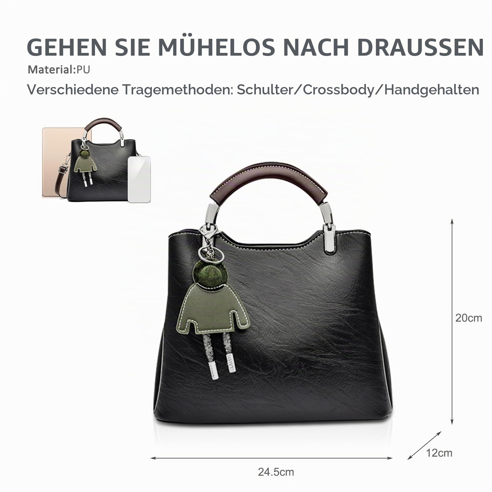 NICOLE & DORIS Handtasche Damen Klein Umhängetasche Crossbody PU Leder Henkeltasche Schultertasche Vintage Mini Tasche Satchel Handtasche mit Anhänger Schwarz