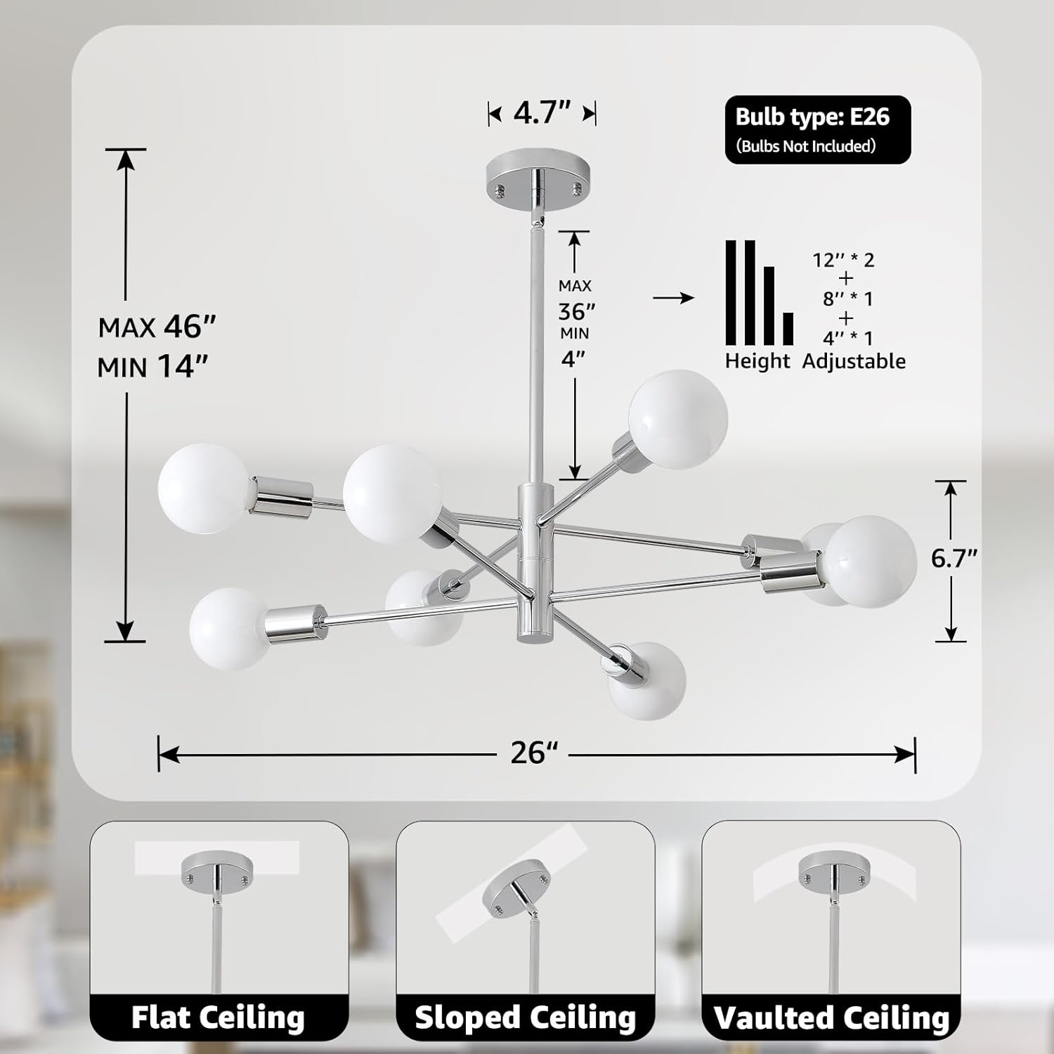 HHR Modern Sputnik Light Fixture, 8-Light Chrome Mid Century Ceiling Chandelier, Height Adjustable Farmhouse Chandeliers for Living Dining Room Kitchen Island Over Table