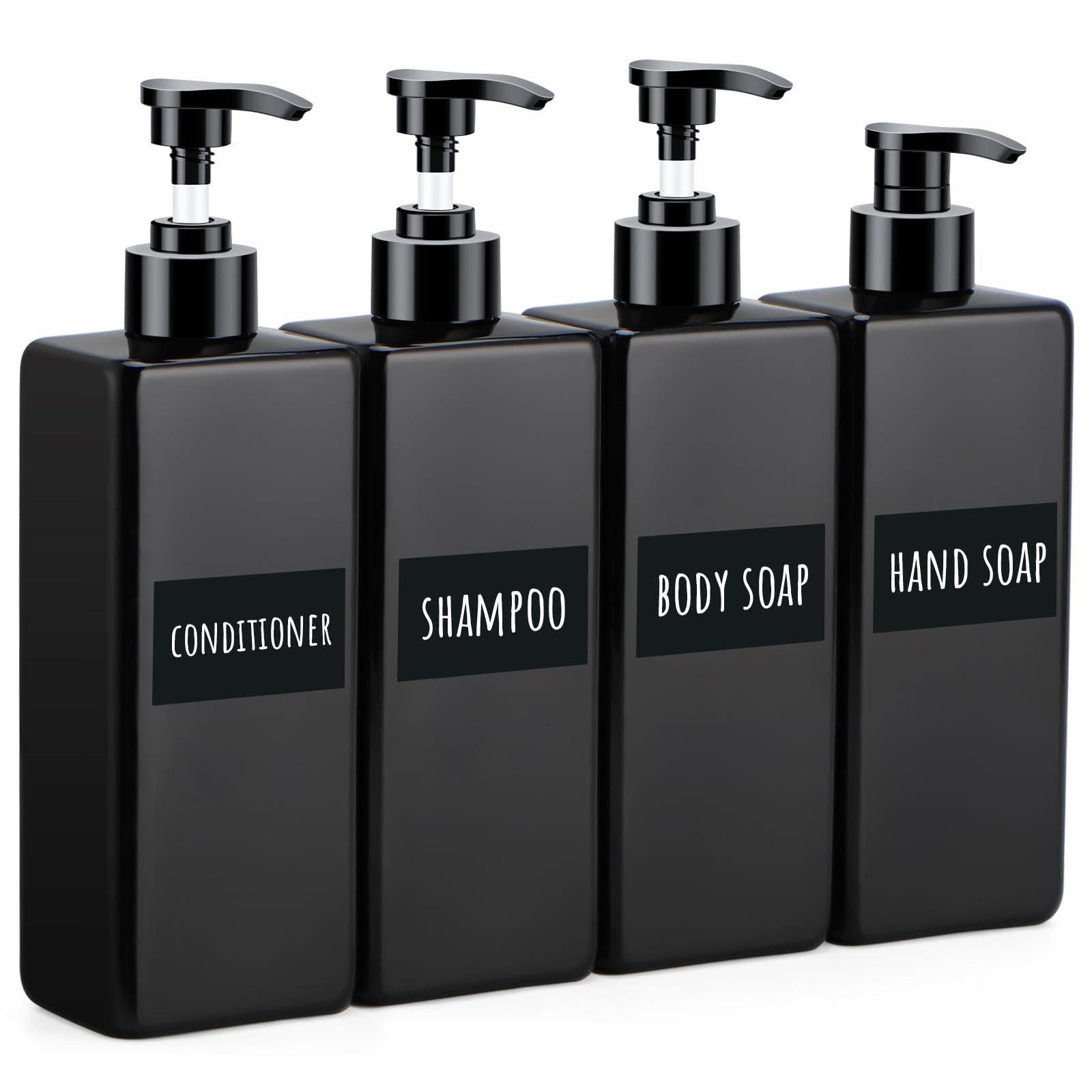Black Shower Refillable Dispenser, 4 Pack of 16.9oz Plastic Pump Press Bottles, 500ml Empty Bathroom Soap Dispenser with Labels for Shampoo Conditioner Body Soap Lotion Hand Wash Dish Soap