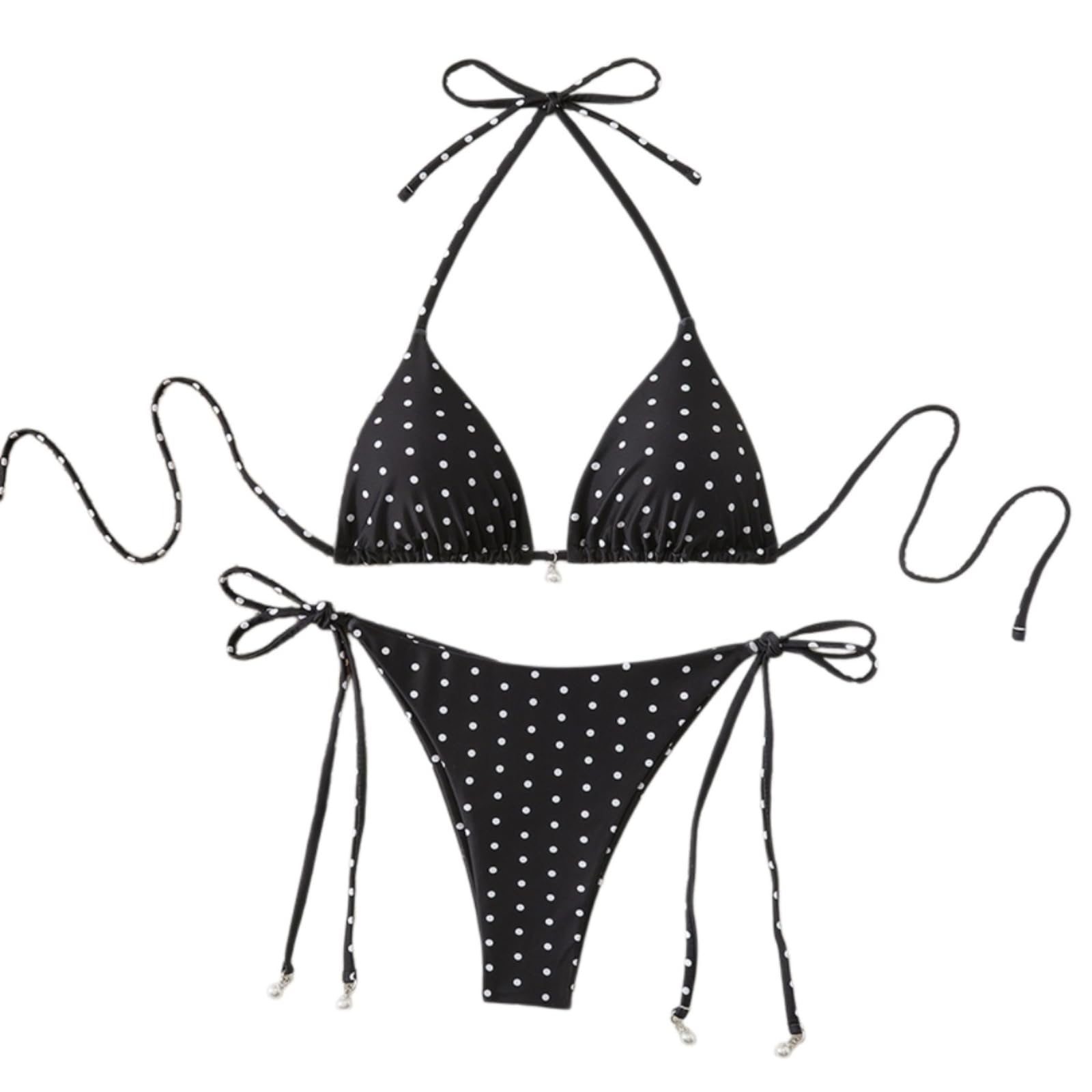 Bikini Donna Polka DOT Set Perla Dettaglio Triangolo Stringa Costume da Bagno-Black-s