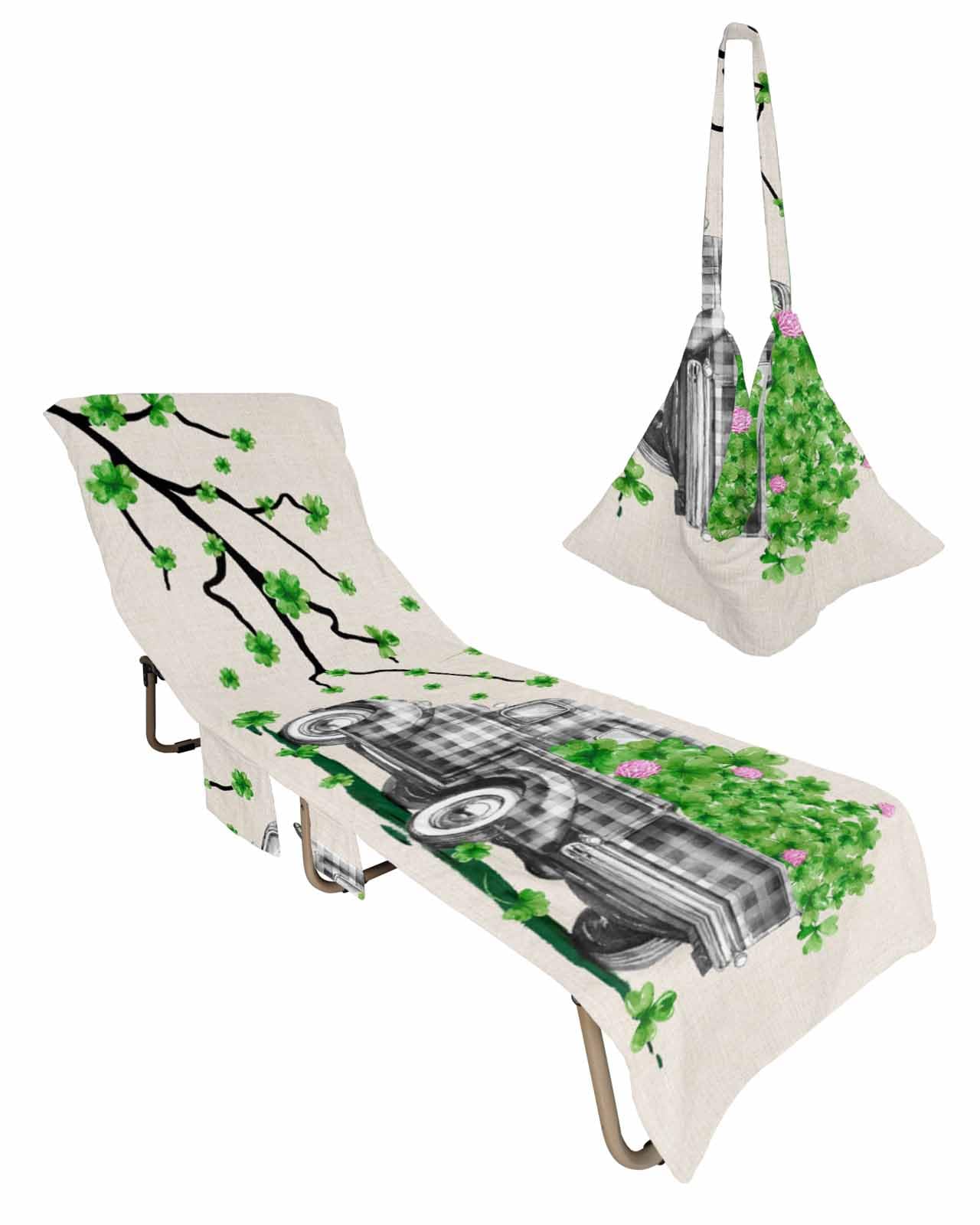 St. Patrick's Day Beach Lounge Chair Towel Cover, Soft Chaise Lounge Towel with Side Pockets Patio Pool Chairs Cover for Beach/Pool Sunbathing 29x85 Grey Plaid Green Lucky Clover Rustic