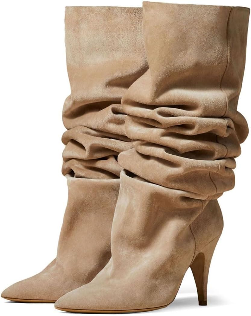 Zszszsu Women's Pointed Toe Slouchy Knee High Boots Fashion Stiletto High Heel Wide Calf Booties Pull On Dress Fall Winter Party Shoes Size 4-16 US