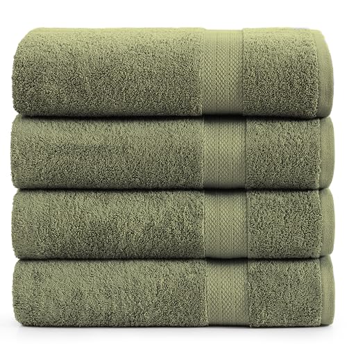 Image of LANE LINEN Bath Towel Set 100% Cotton 4 Piece Soft Absorbent - Oil Green