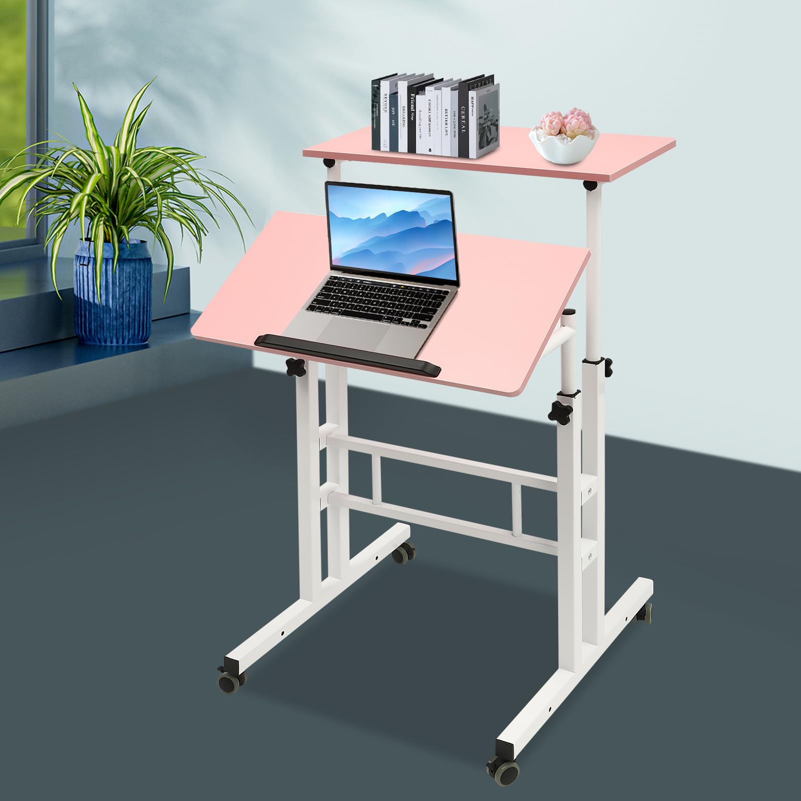 Portable Stand Up Adjustable Height Mobile Stand Up Desk with Tilting Panel and Wheels Rolling Home Office Workstation — view 5