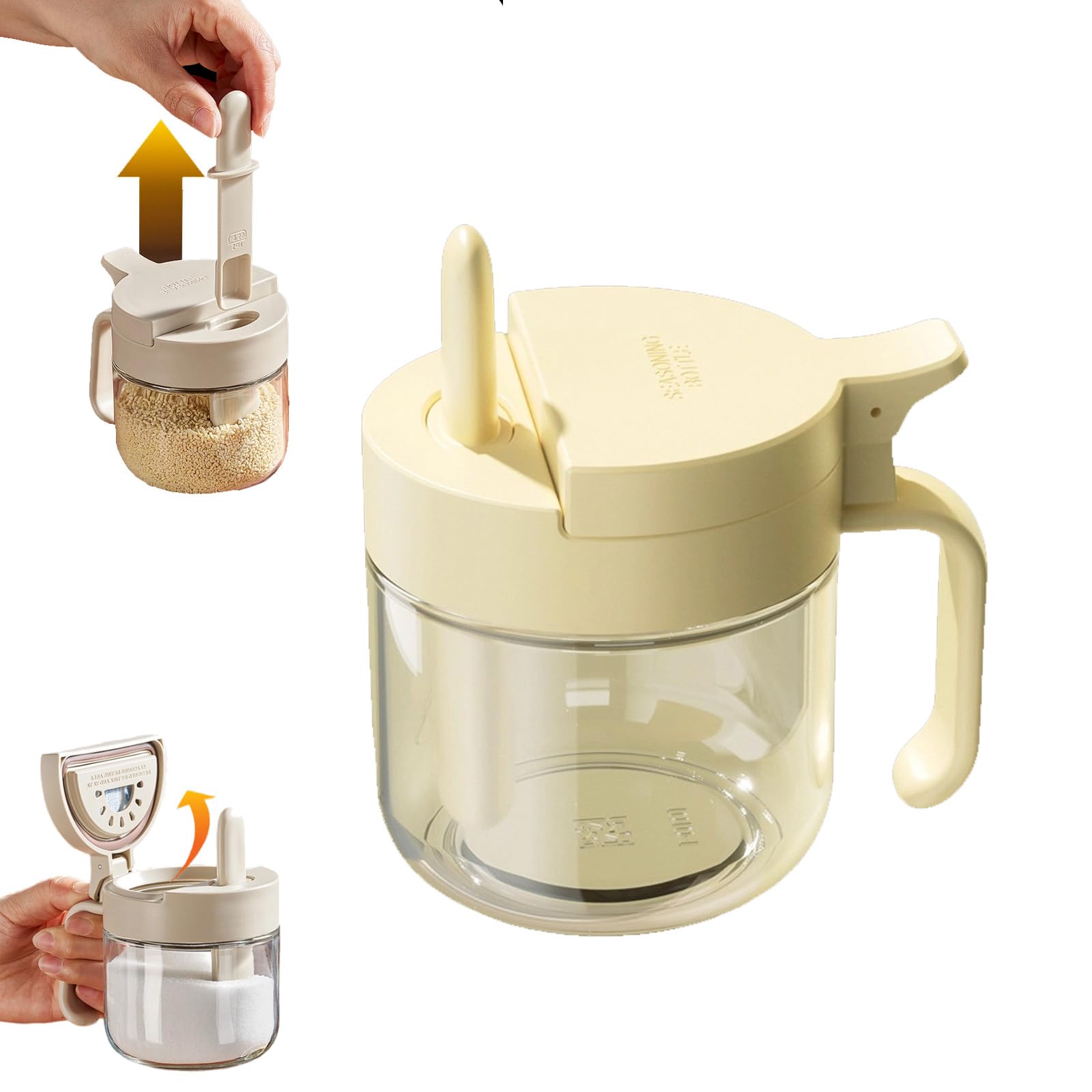 LLELEMAMO Portable Spice Jar with Spoon Holder, Leakproof Airtight Seasoning Box, Transparent Body Condiment Jar, Freshness Preservation, Salt Sugar for Camping Home Pantry (Yellow)