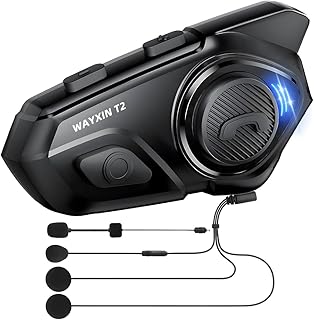 WAYXIN T2 Motorcycle Headset with Intercom, Helmet Communication System for 2 People in Range of 300 m, with Voice Assistant, Waterproof Hands-Free Calling, Music Call Control (1 Piece)