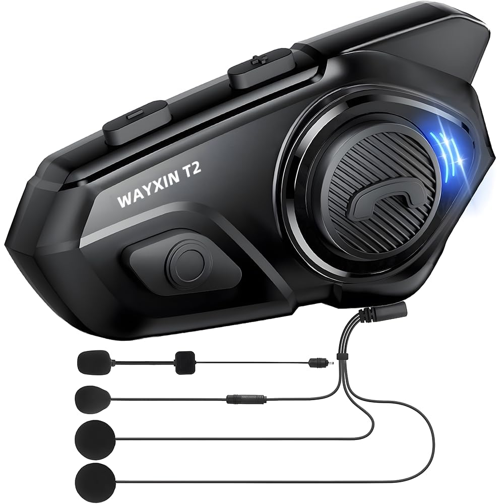 T2 Motorrad Headset mit Gegensprechanlage,Helm Kommunikationssystem für 2 Personen in Reichweite von 300m, mit Sprachassistent, Wasserdicht Freisprecheinrichtung,Musikanrufsteuerung(1pc)