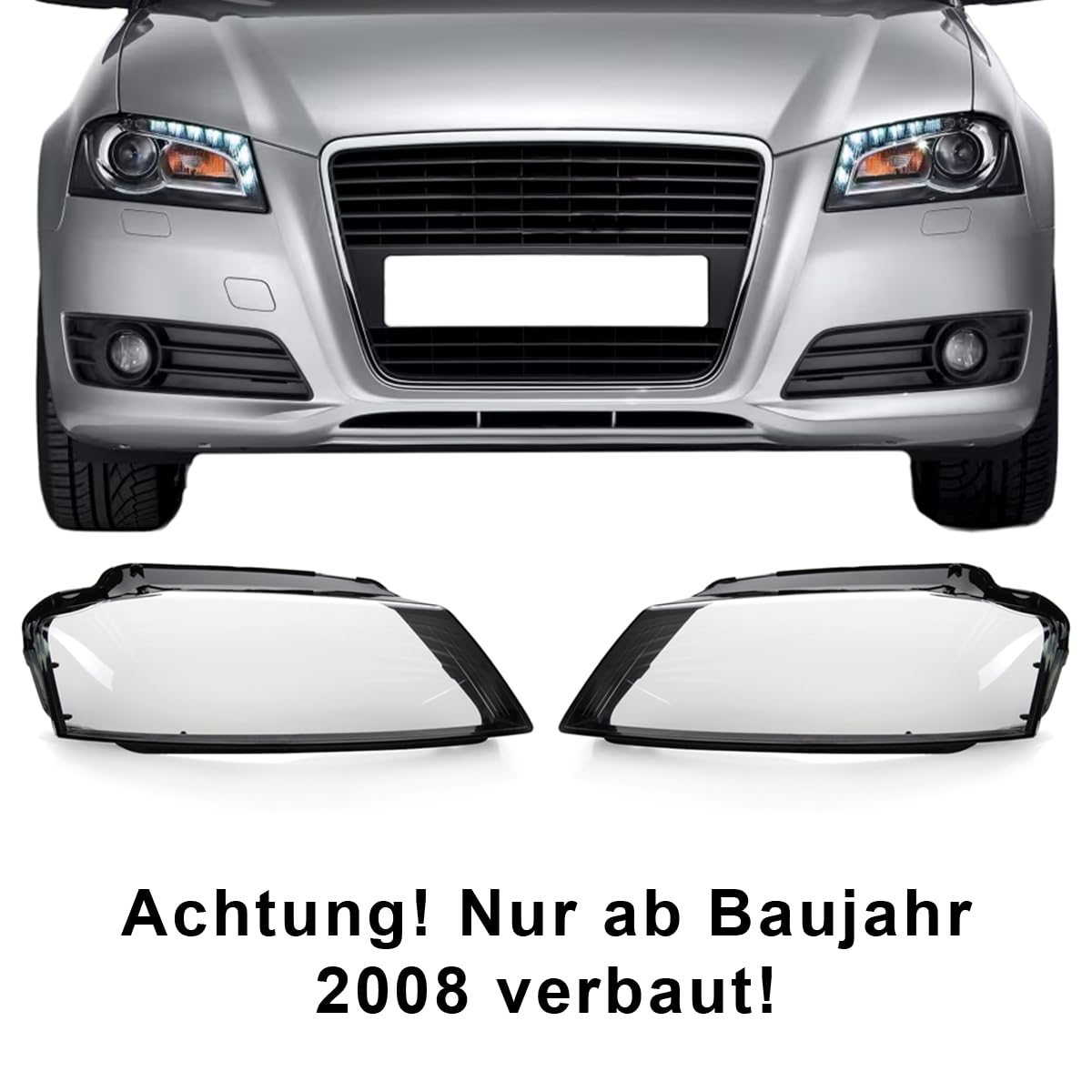 LST Scheinwerferglas Streuscheibe Frontlicht Abdeckung Glas links transparent schwarz kompatibel mit Audi A3 8P1 8P7 8PA Sportback Cabrio 2008-2012