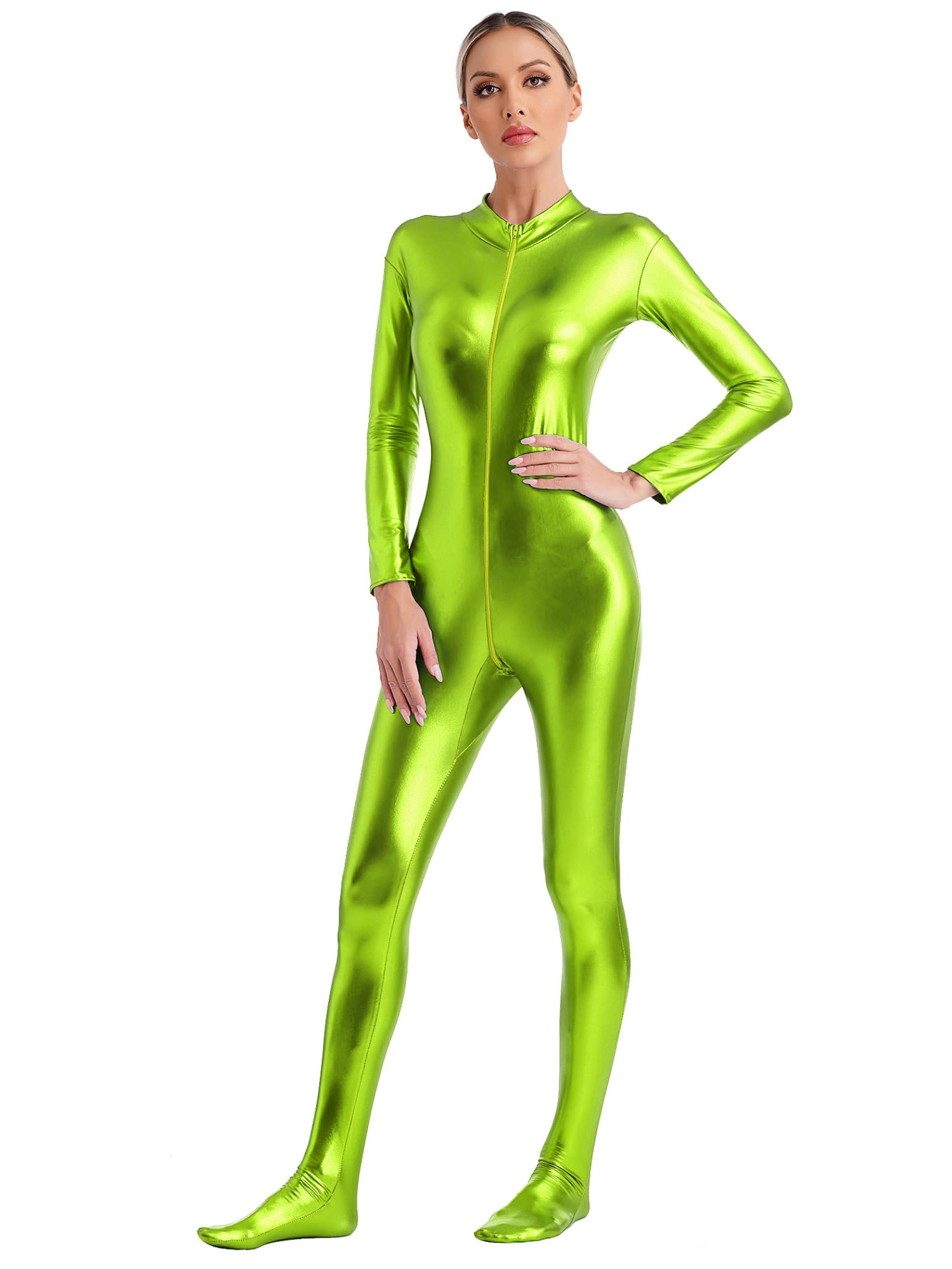 Damas Traje Entero Metálico De Cuerpo Entero Manga Larga Mono Bodysuit Monopiece Jumpsuit Disfraz De Carnaval