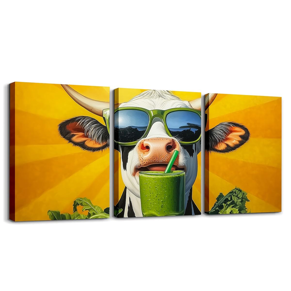 Homewish Funny Cow Canvas Prints Rustic Cow With Drink Framed Wall Art Farmhouse Cow Paintings Wall Decor Cute Animal Print Wall Pictures 12"X 16"X 3 Panel For Bedroom Kitchen Beverage Shop