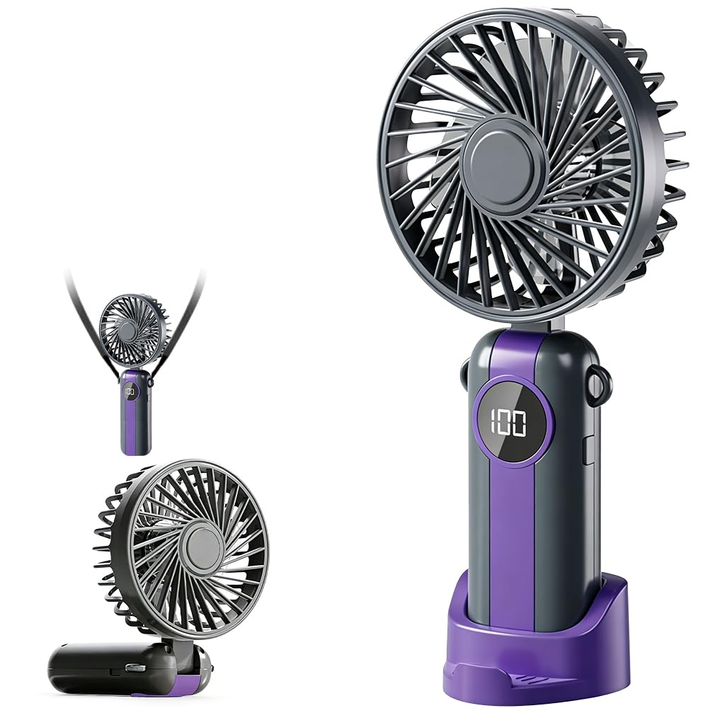 Rppiup Handheld Fan Rechargeable, Portable Mini Fan Handheld with 5 Speeds, 4000mAh Electric USB Small Hand Held Fans, Foldable Mini Desk Fans with LED Display for Outdoor Travel Office Home (Purple)
