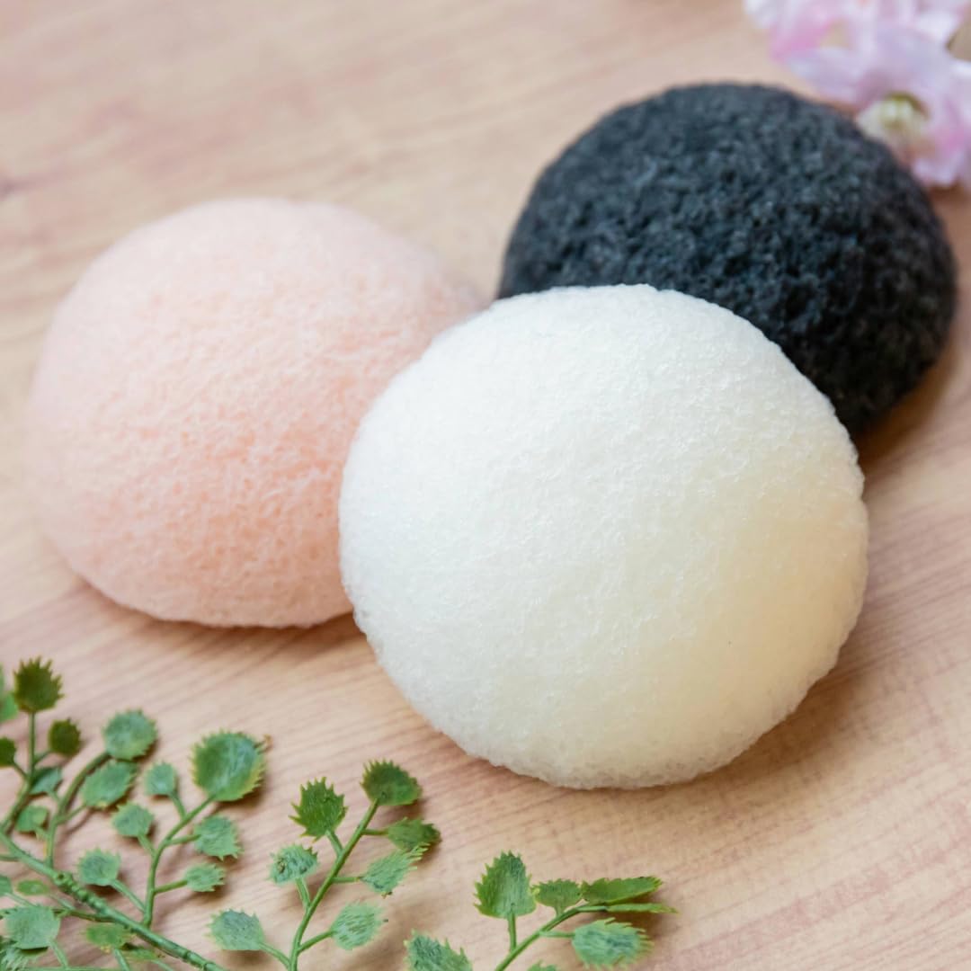 Esponjas faciales naturales Konjac, paquete de 3, carbón Binchotan, Sakura y Konjac blanco, lavado y limpieza suave de la cara, cuidado de la piel, fabricadas en Japón