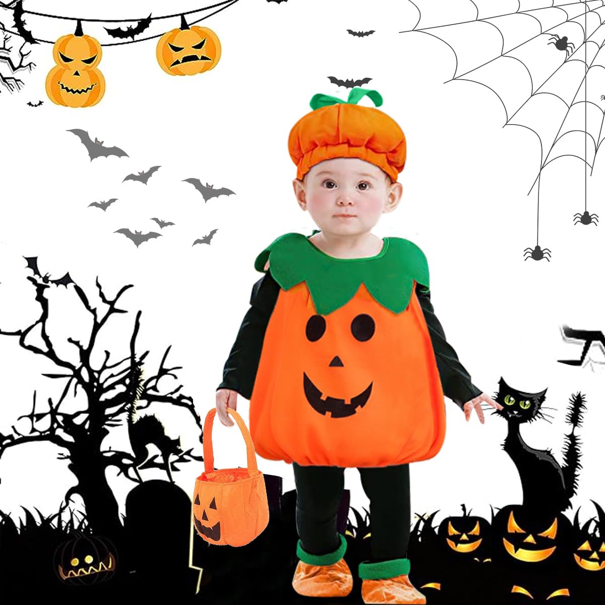 WELLXUNK Disfraz de Calabaza para Niños, Halloween Disfraz de Calabaza, Disfraz Infantil de Calabaza con Sombrero y Bolsa de Dulces, Disfraz de Pumpkin para Halloween Fiesta Temática o Carnaval