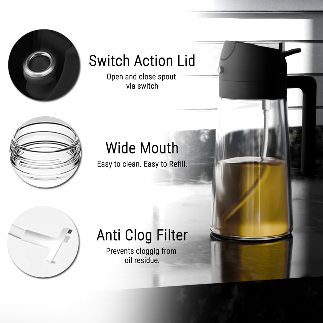 2-in-1 Oil Dispenser and Sprayer, 16oz/470ml Glass Olive Oil Spray Bottle for Cooking, Leakproof and Refillable Oil Mister for BBQ, Salad, and Baking (Black) image 2