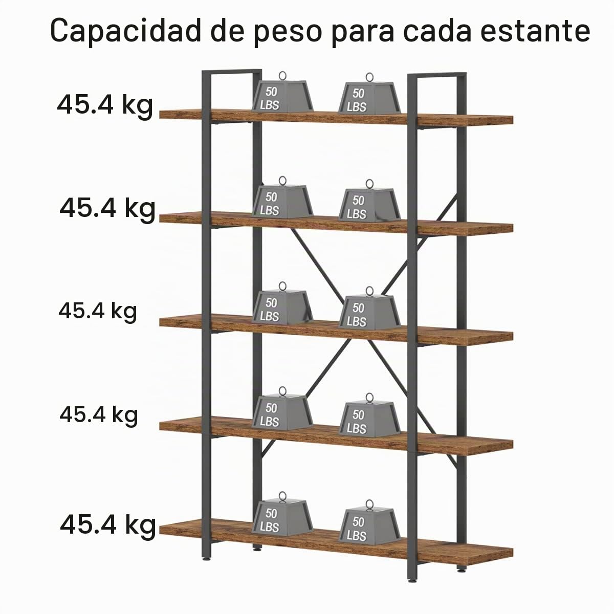 HSH Estanterías rústicas y estantes para libros, 5 estantes, estantería de madera de metal de 5 niveles y estante de almacenamiento, estante grande vintage para libros, dormitorio, sala de estar,