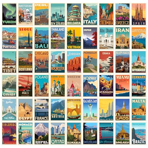 Image of MODERN GALLERY MART Pack of 54 Travel Wall Collage Kit Posters - 4 x 6 Inches Posters for Wall Decoration - Wall Art For Bedroom, Office, Living room, Dorm room - Glue Dots Included