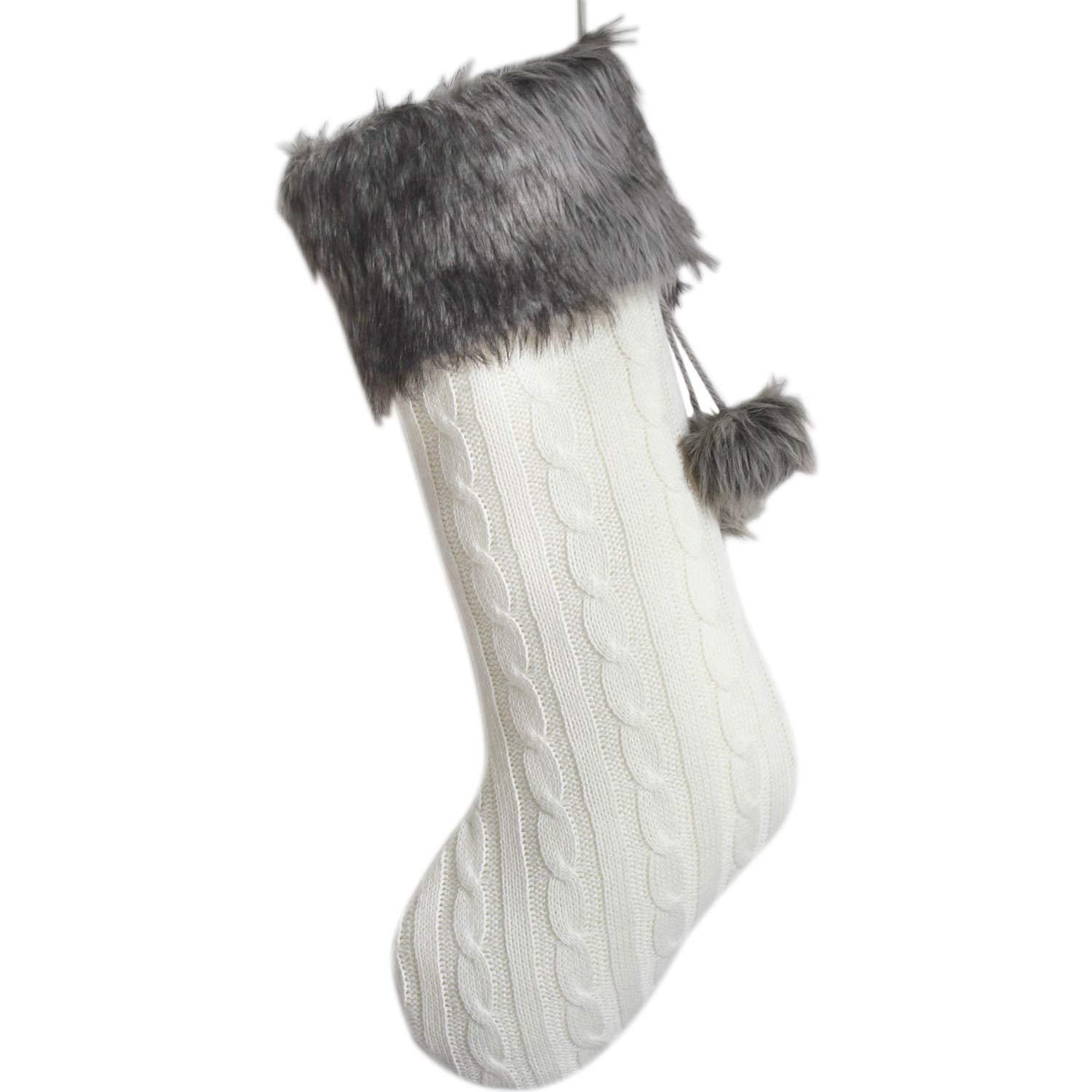 Gireshome Ivory Cable Knitted Body, Faux Fur Cuff with Faux Fur Fluffy Pompom Ball Christmas Stocking, Xmas Tree Decoration Festival Party Ornament - 10