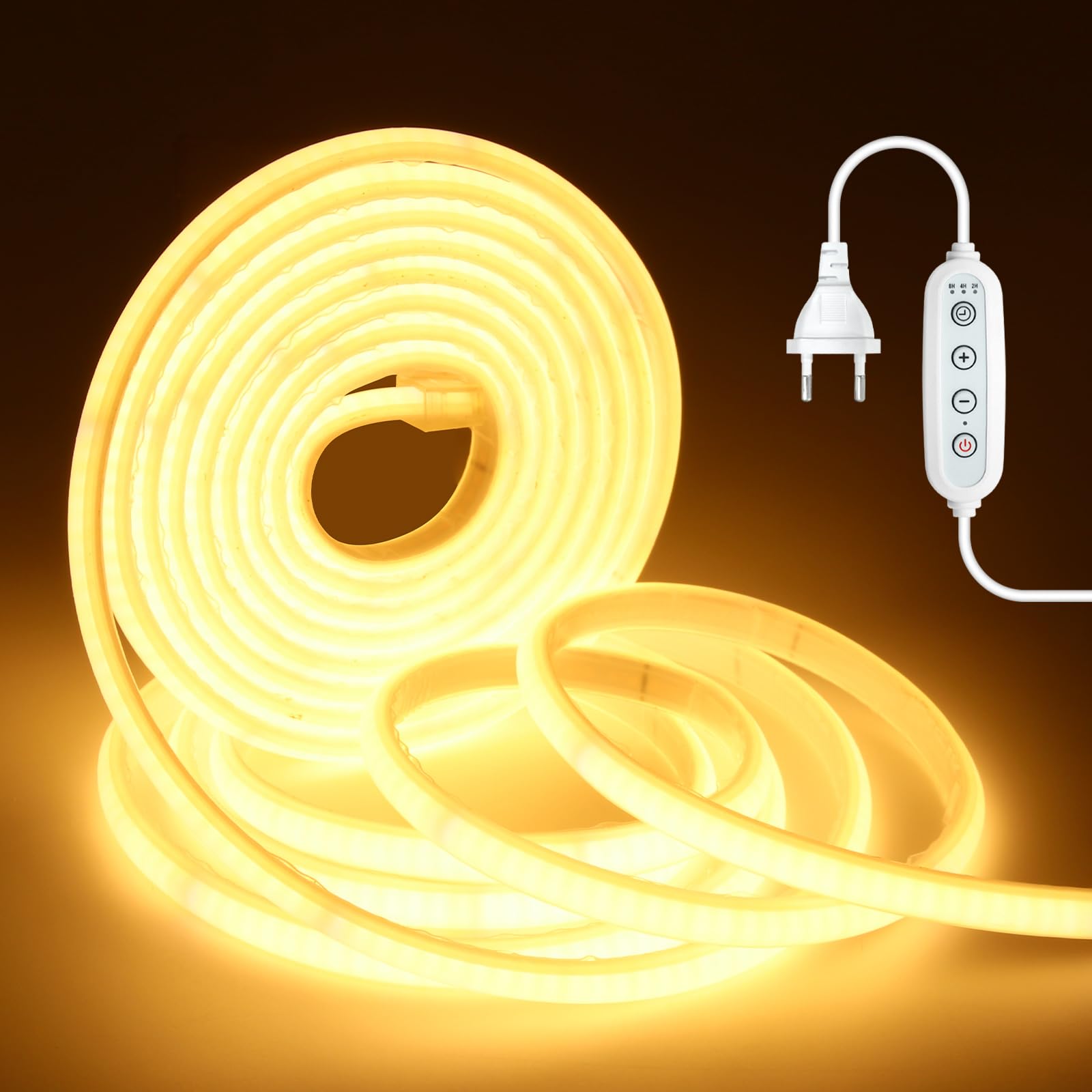 Tira de luces LED COB de neón autoadhesiva, 220 V, regulable, 240 ledes/m, IP65, resistente al agua, difusión flexible, tira de luz, cada 10 cm, se puede cortar, conexión directa (blanco cálido