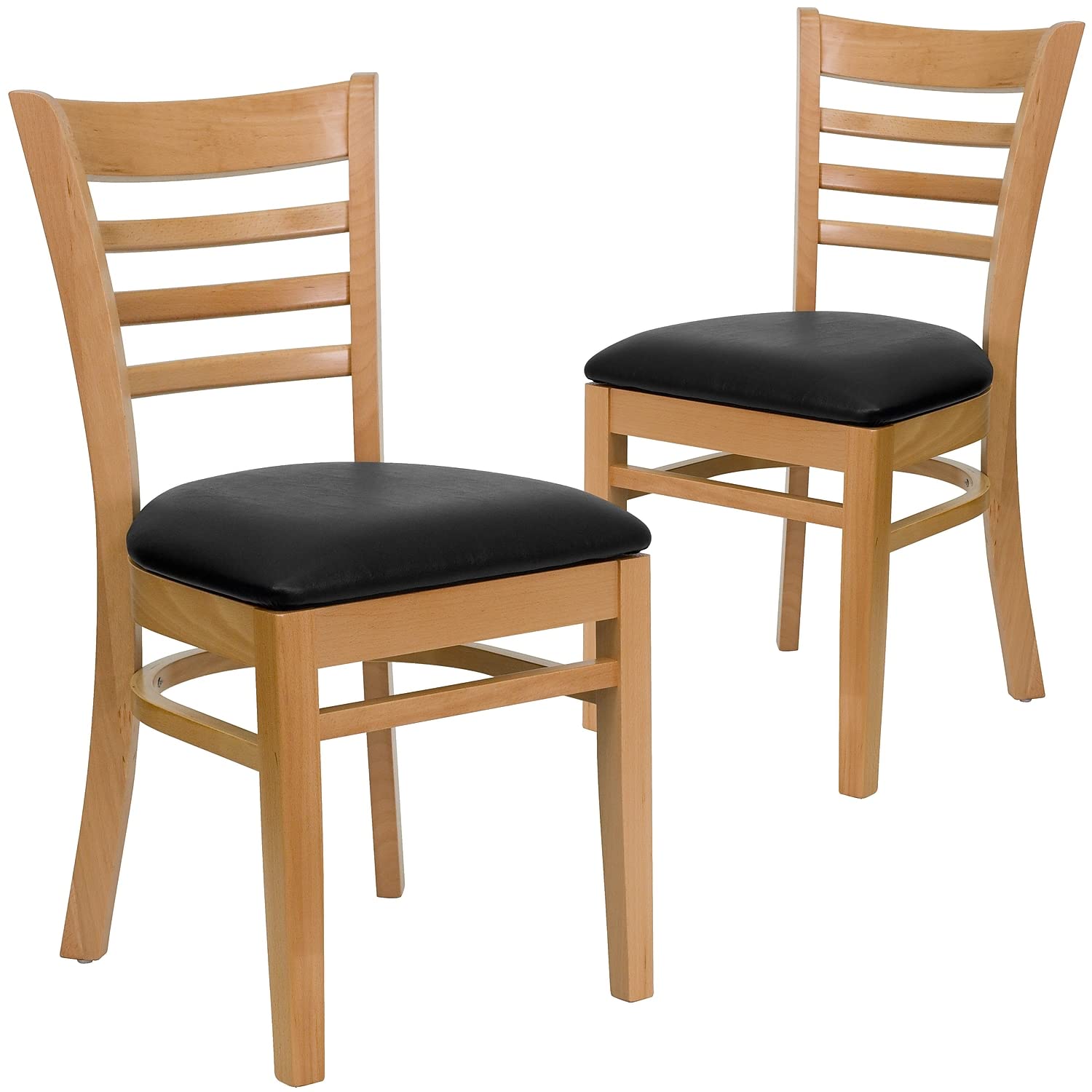 Flash Furniture 2 Pack HERCULES Series Ladder Back Natural Wood Restaurant Chair - Black Vinyl Seat