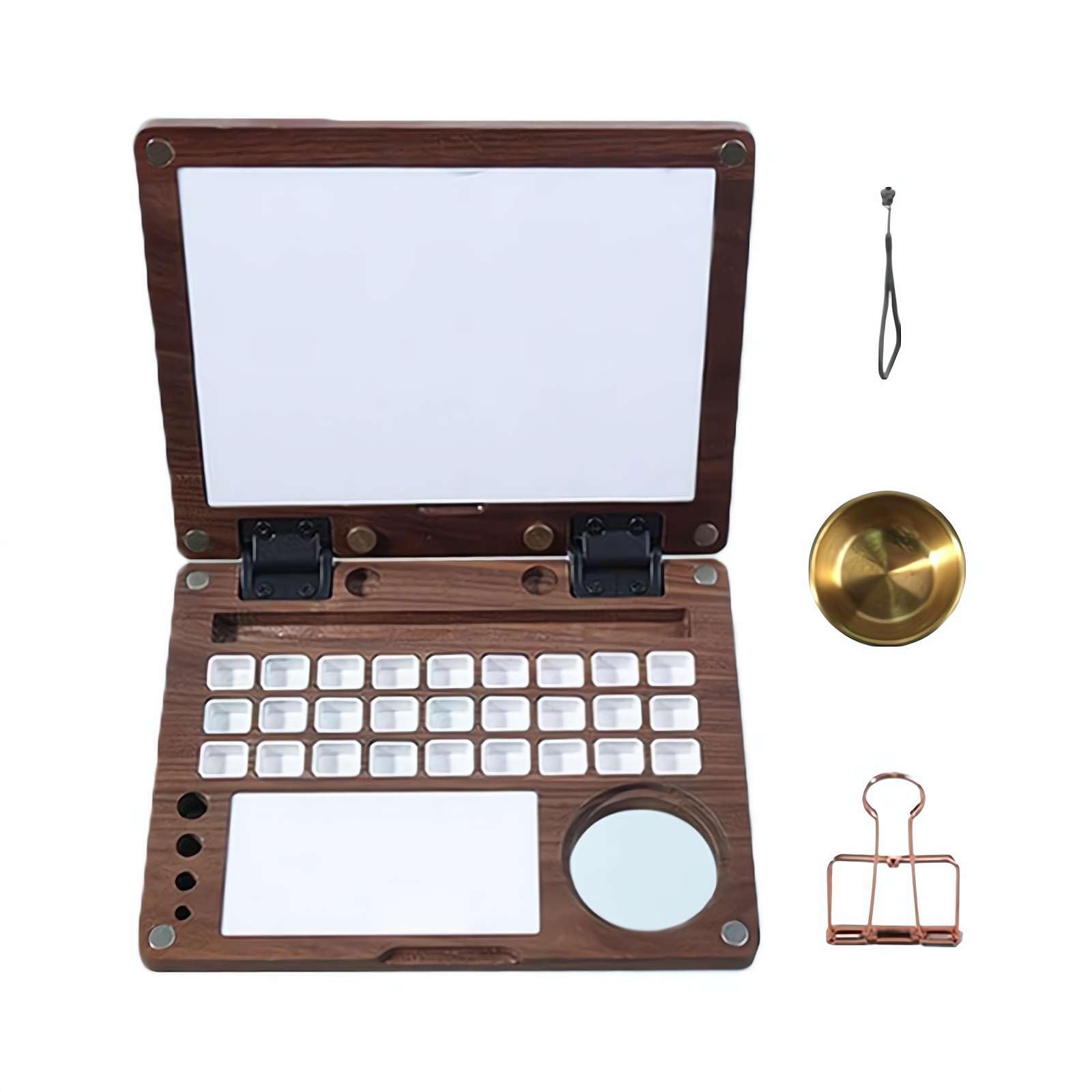 Paleta de acuarela portátil de madera de nogal negro de 27 rejillas, bandeja de pintura de viaje plegable con área de mezcla y recipiente de lavado de pinceles, rejilla desmontable para multipintura