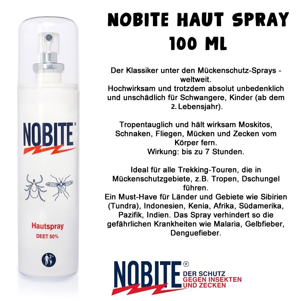 Nobite Doppelpack Mückenschreck-Set Mückenschutz Mückenspray Insektenschutz DEET 50 Haut-Spray und Nobite Kleidung No-Bite Anti-Zecken-Mücken-Moskito