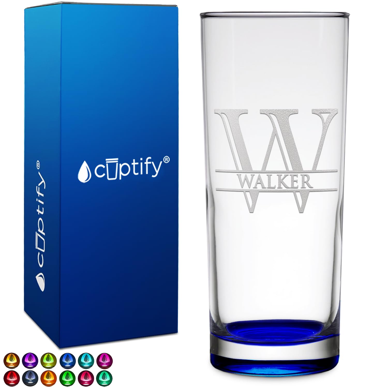 Personalized Highball 10.5 oz with Blue Bottom, Custom Tall Collins Glass, Straight up Mixed Drink Cocktail - Initial with Name Gift