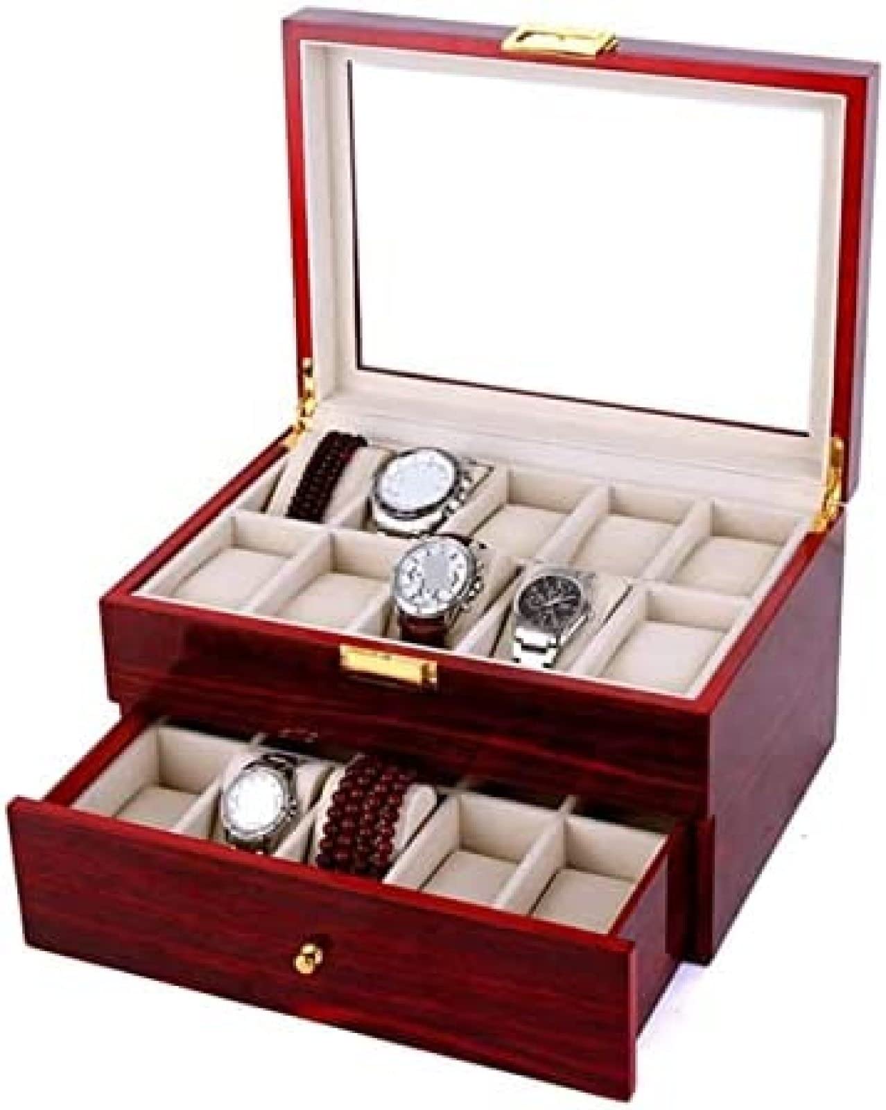 YNBSHGAA 20 Slots Watch Box Organizer Bracelet Display Holder Metal Hinge Clear Top Lockable Storage Case,Rosso,29X20.5X9cm