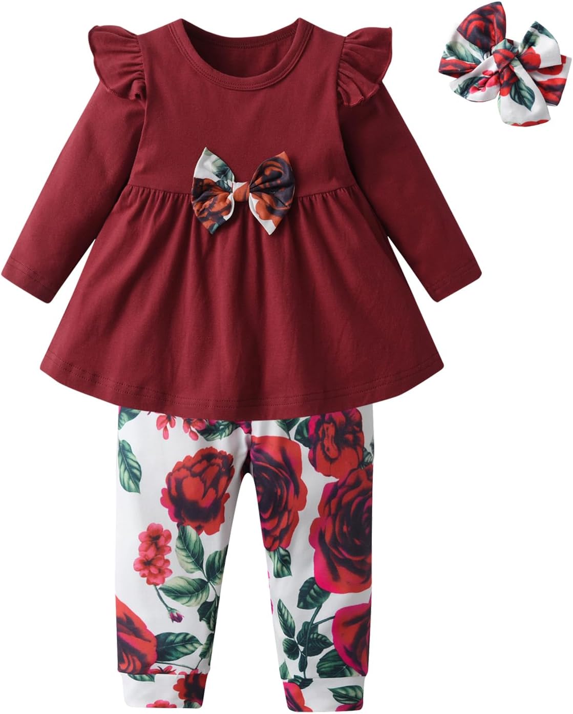 3PCS Baby Girl Clothes Ruffle Floral Bow Tie Shirt Tops Pants Headband Outfit Sets (Wine Red, 6-9 Months), Red-w, 6-9 Months