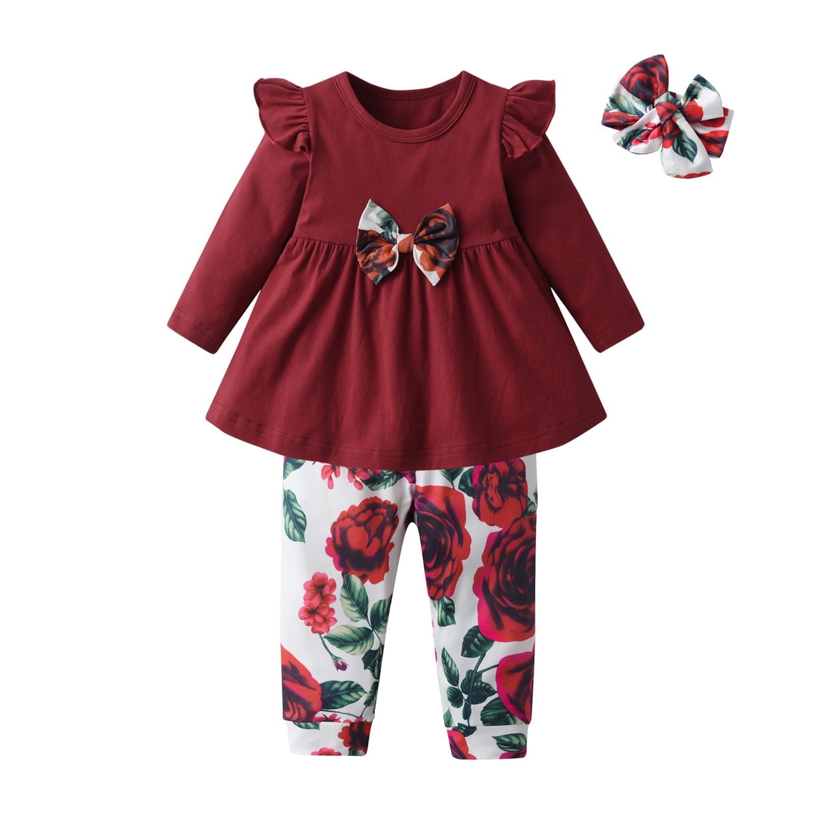 3PCS Baby Girl Clothes Ruffle Floral Bow Tie Shirt Tops Pants Headband Outfit Sets (Wine Red, 9-12 Months), Red-w, 9-12 months
