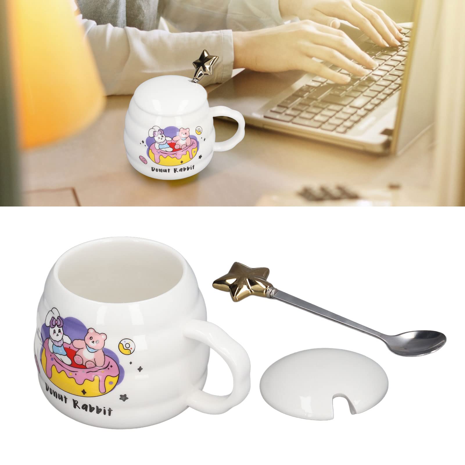 RANNYY Ceramic Coffee Cup,450ml Ceramic Coffee Cup Cute Tea Mug with Lid Spoon for Office Home Holiday Gifts(Donut) - Image 3
